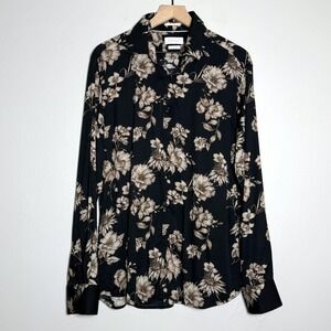Porter‎ & Ash Mens Button Up Shirt XL Black Beige Floral Stretch Office Formal